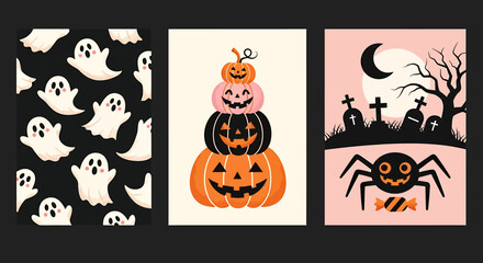 Three cute Halloween illustrations featuring floating ghosts, a stacked pumpkin tower, and a spooky graveyard scene with a spider and full moon.