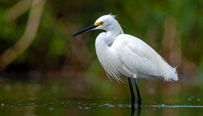 Naklejka premium A white heron stands elegantly in shallow water, showcasing its beauty