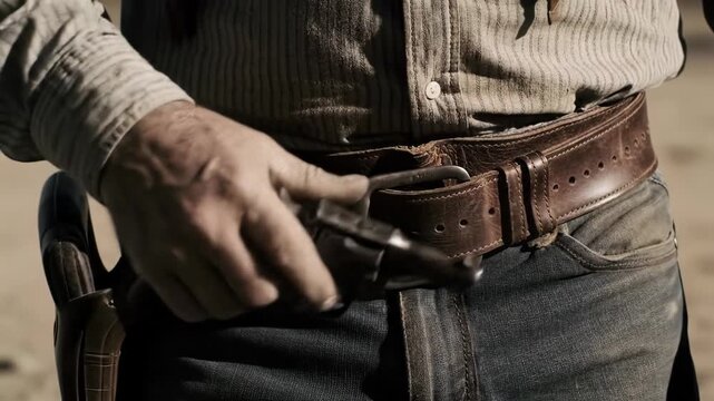 A weathered cowboy in a wide-brimmed hat, leather vest, and revolver adjusts his gun belt on a dusty Wild West town street with muted light and deep shadows, western showdown anticipation.