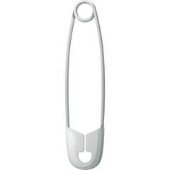 A simple silver safety pin detailed with clean lines and a rounded top loop against a plain white background showcasing its metallic sheen and functional design