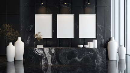 Three blank white frames mounted on a black marble wall, with a marble counter in front of them, and a large window in the background.