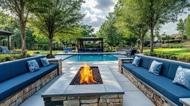 Inviting backyard oasis with pool, fire pit, and comfortable seating for relaxation.