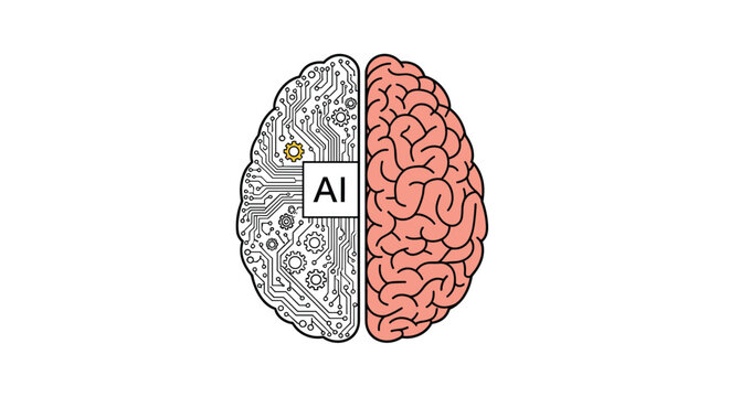 AI Versus Human Brain: Half of a brain with integrated circuits and gears, the other half a pink organic brain with a box labeled AI.
