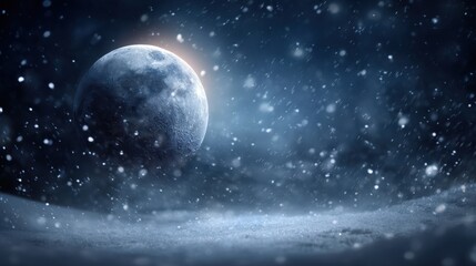 Obraz premium A serene winter scene featuring a large moon surrounded by falling snowflakes in a dark, atmospheric setting, blurred background
