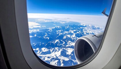 Aerial view of snow-capped mountains through an airplane window