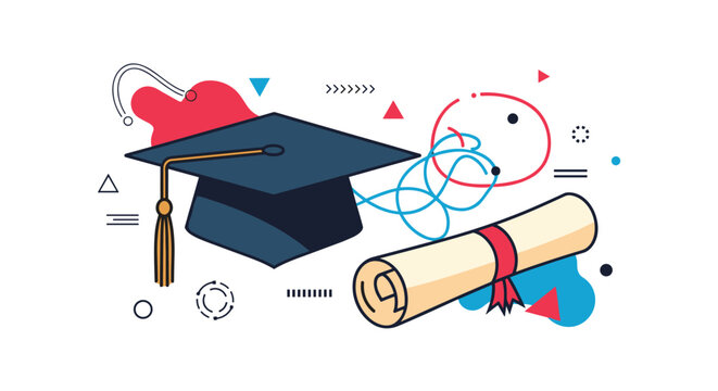 A whimsical illustration of a graduation cap and diploma set against a backdrop of abstract shapes conveys celebration of academic achievement.