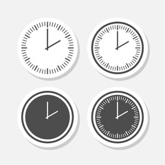 Set of clock icons. Clock time sticker isolated on gray background