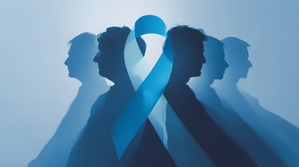 Artistic awareness poster design where the silhouettes of several men are positioned harmoniously to create the recognizable form of a blue ribbon for strength, and hope in prostate cancer awareness