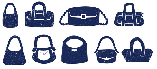  A collection of grunge textured handbag silhouettes, featuring various tote, shoulder, and fashion bag shapes in a rough, 
vintage ink style. Perfect for branding, fashion design, pattern creation