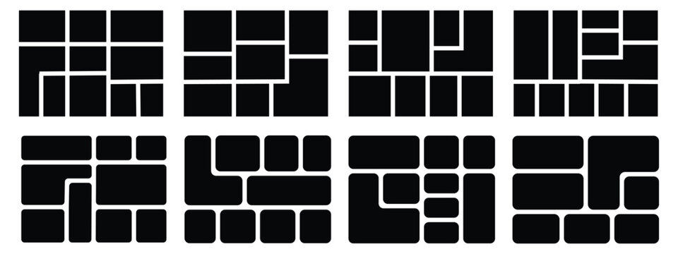 6 photo collage mockup frame. Image collage layout template set. Photo album or memory wall idea for banner, poster, mockup, flyer, brochure. Vector illustration