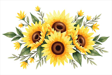Naklejka premium Beautiful watercolor sunflower bouquet featuring hand-painted yellow blooms with lush green leaves.