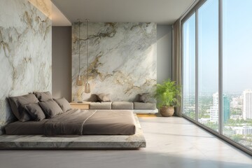 Luxurious bedroom with marble accents and city view.