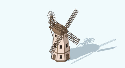 Fototapeta premium Isometric illustration of a traditional windmill with rotating sails and shadow on a blue background, showcasing architectural design.