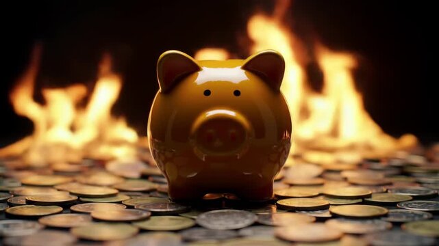 Piggy bank on coins with fire background. Financial crisis or investment concept