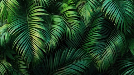 A dense jungle foliage with vibrant green leaves and dark green stems, creating a lush and dense canopy.