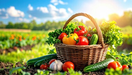 Bountiful Harvest of Colorful Fresh Vegetables in a Woven Basket Under Bright Sunlight