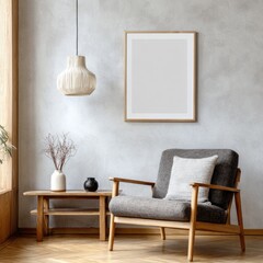 Minimalist living room with armchair, wooden furniture, and framed art.
