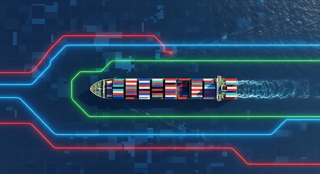 Modern container ship navigating abstract digital data routes, representing global supply chain logistics, smart transport technology, and interconnected trade networks