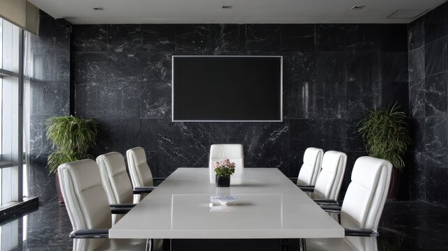 A modern, minimalist conference room with a black marble wall, white chairs, and a large, blank white screen in the center. - Powered by Adobe