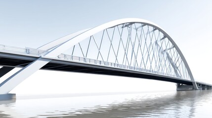 Obraz premium A modern, white, curved bridge with a glass-like structure spans a calm body of water, with a clear blue sky in the background.