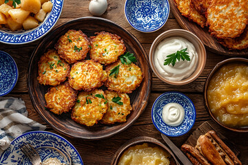 Top-down view of a rustic wooden table with golden crispy potato latkes, sour cream, and applesauce, decorated with blue and white Hanukkah elements
