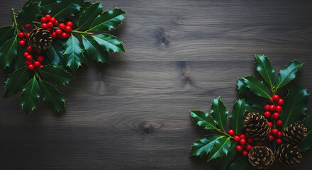 Festive holly branches with vibrant red berries and pinecones create a natural, rustic holiday border on a dark wood background