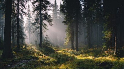 Obraz premium A serene forest scene with tall trees, a path, and sunlight filtering through the foliage. The forest floor is covered with grass and small plants, and the ground is illuminated by sunlight.,