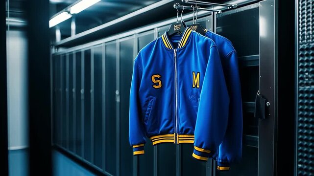 Letterman jackets hang in a locker room, ready for the team's next game.