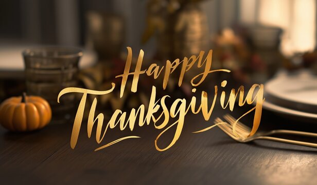 Happy thanksgiving golden text typography on the table with dinner plates and cutlery in the background for autumn season