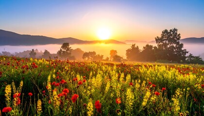 Obraz premium Vibrant sunrise over a misty valley filled with colorful wildflowers and distant mountains in the background