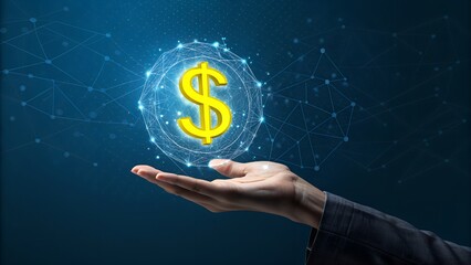 Digital Finance Concept: Hand Holding Glowing Dollar Symbol in Network Sphere - Global Economy, Investment & Wealth Management