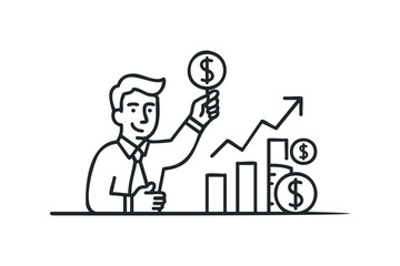 Fototapeta premium Man holding dollar coin with upward trending graph and money coins