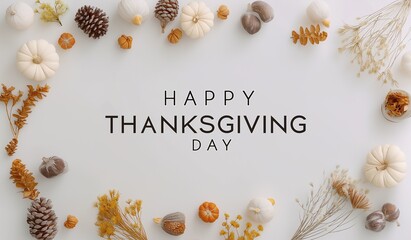 White background with various autumn elements around the text happy thanksgiving in large elegant font surrounded by small pumpkins