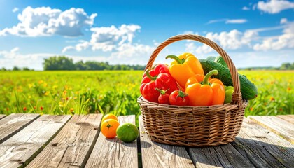 Colorful Basket of Fresh Vegetables Gathered in a Sunny Field with Blue Sky and Green Landscape
