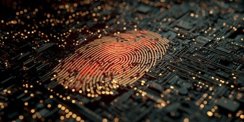 Glowing fingerprint on electronic circuit board signifies digital identity verification.