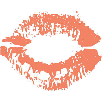 A single coral colored lipstick kiss mark imprint on a transparent background symbolizing love affection and beauty