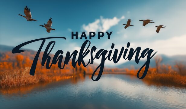 Happy thanksgiving written in cursive with geese flying over the water and fall foliage in the background for seasonal greeting