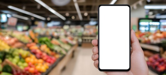 The smartphone with blank screen held in grocery produce aisle for app mockup