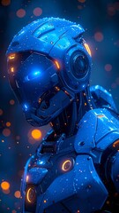 Futuristic blue robotic figure with glowing accents, set against a bokeh background of warm lights