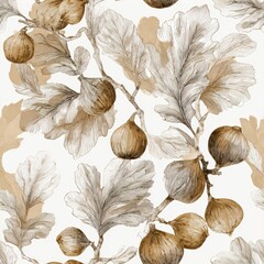 Fig Toile de jouy Seamless pattern. Botanical illustration featuring fig leaves and fruits on a textured background.