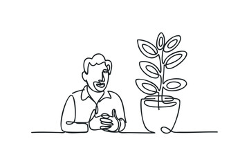 Man and Potted Plant Drawn with One Continuous Line