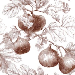 Fig Toile de jouy Seamless pattern. Illustration of fig fruits and leaves in a detailed botanical style.
