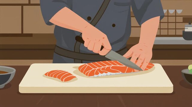 Vector illustration of a professional chef's hands meticulously slicing fresh raw salmon on a cutting board for Japanese sushi or sashimi