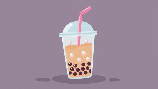 Popular bubble tea drink with tapioca pearls and a straw in a clear plastic cup against a muted background