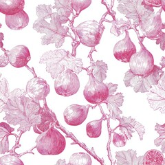 Fig Toile de jouy Seamless pattern. Botanical illustration featuring fig branches and leaves in a detailed pattern.