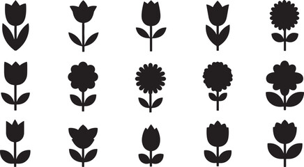 A collection of stylized black tulip and floral silhouettes against a white background Art & Illustration