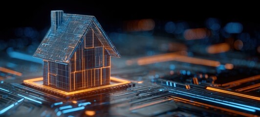 The House as a Futuristic Smart Home Concept on Glowing Circuit Board