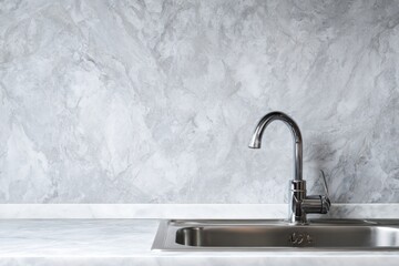 Modern kitchen faucet and sink against a marble backsplash.