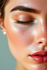 Close-up of glowing, hydrated female skin with visible pores. Skincare and beauty concept showing serum application, natural texture, healthy complexion, and facial treatment process.
