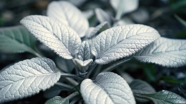 Close-up of silver plant leaves with textured detail, blurry green background, for natural aesthetic
